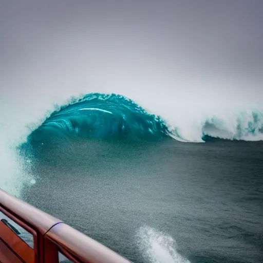 Image similar to a giant wave about to crash on a cruise ship, wave, giant, rough seas, weather, cruise, ship, hurricane, canon eos r 3, f / 1. 4, iso 2 0 0, 1 / 1 6 0 s, 8 k, raw, unedited, symmetrical balance, wide angle