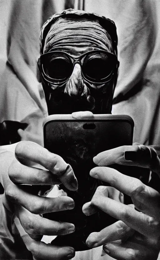 Prompt: kodak portra 4 0 0, wetplate, narrow shot, award - winning black and white portrait by britt marling of claude rains as the 1 9 3 3 film the invisible man wrapped in bandages monster taking a selfie with iphone in a stone lab, creepy, universal horror movie,