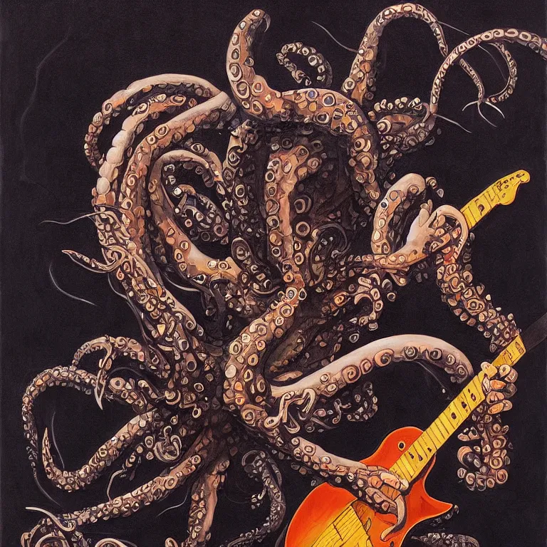 Image similar to a beautiful painting by gerald brom of a couple of octopus playing drums and telecaster guitar in an electronic concert, black background, concert light, dark mood, warm lights