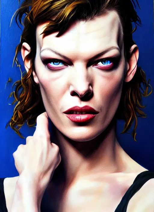 Prompt: milla jovovich wearing tape, far future, sharp focus, highly detailed, trending on artstation, intricate, painting by rutkowski