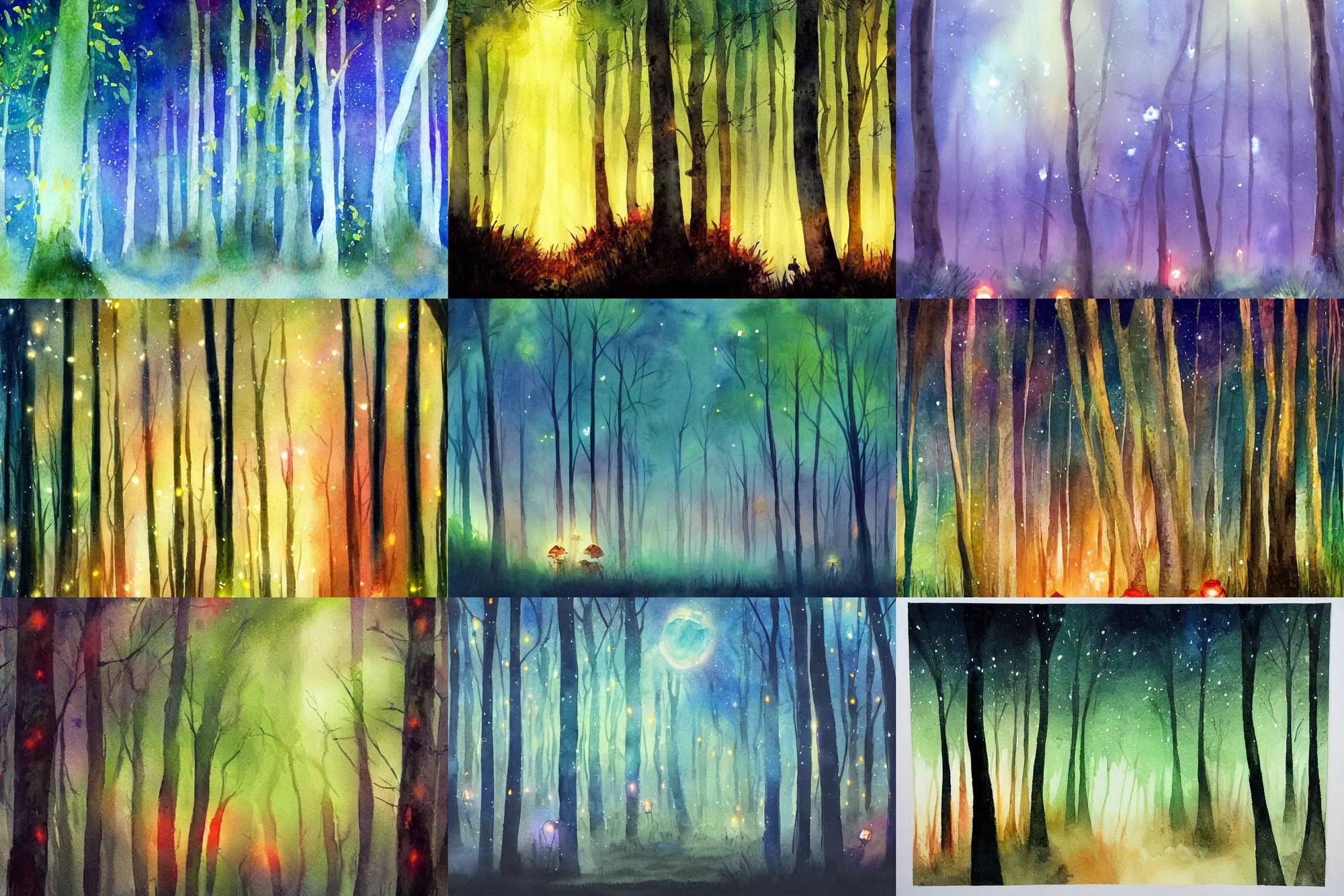 Prompt: Firefly forest at night, high quality watercolors, award winning, trending on ArtStation, soft colors