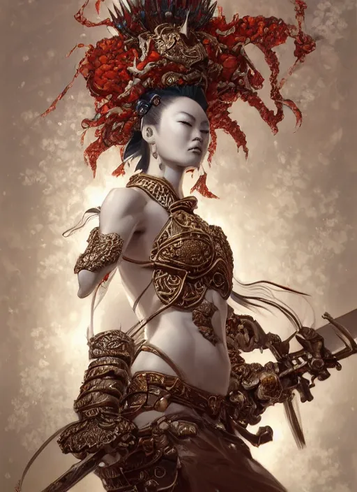 Prompt: subsurface scattering, white, koi, female samurai deity with filigree fantasy armor, by jesper ejsing, james jean, justin gerard, tomasz alen kopera, cgsociety and fenghua zhong, highly detailed, rim light, cinematic lighting, illustration, art, octane render, very coherent, cinematic, hyper realism, high detail, 8 k