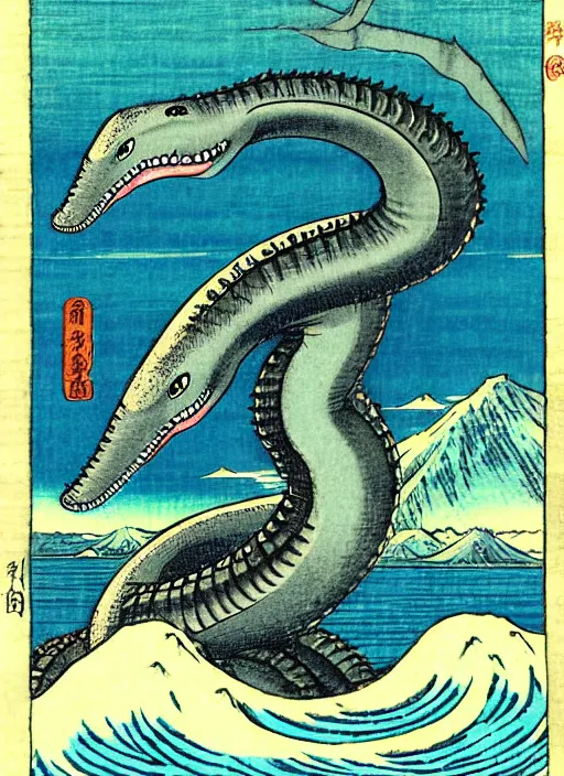 Prompt: the loch ness monster, plesiosaur, as a yokai illustrated by kawanabe kyosai and toriyama sekien