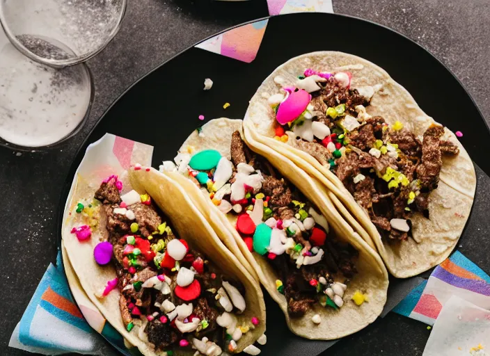 Image similar to dslr food photograph of a tacos topped with rainbow sprinkles, 8 5 mm f 1. 8