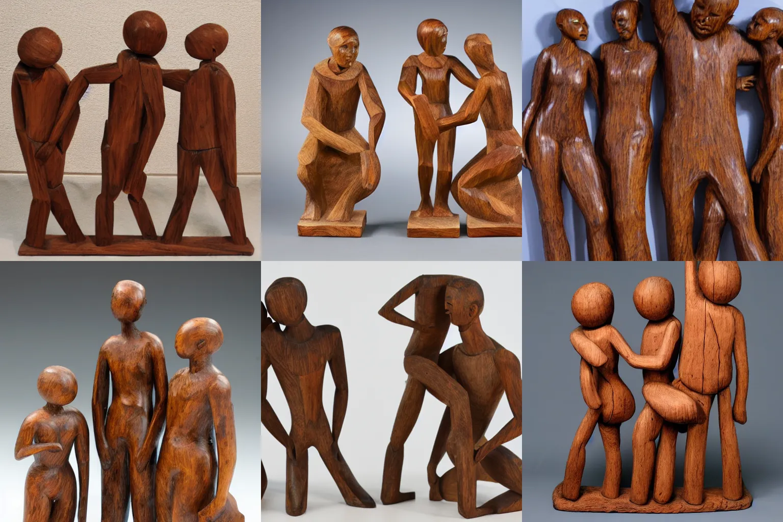 Prompt: wood sculpture of three people caressing