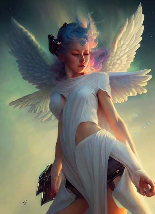 Image similar to portrait of beautiful angel girl with white wings in space, godlike, heavenly, 3 d render, hyper realistic detailed, scifi, fantasy, octane render, concept art, peter mohrbacher, artgerm, ruan jia, wlop, cyberpunk, dynamic lighting, detailed body, detailed face