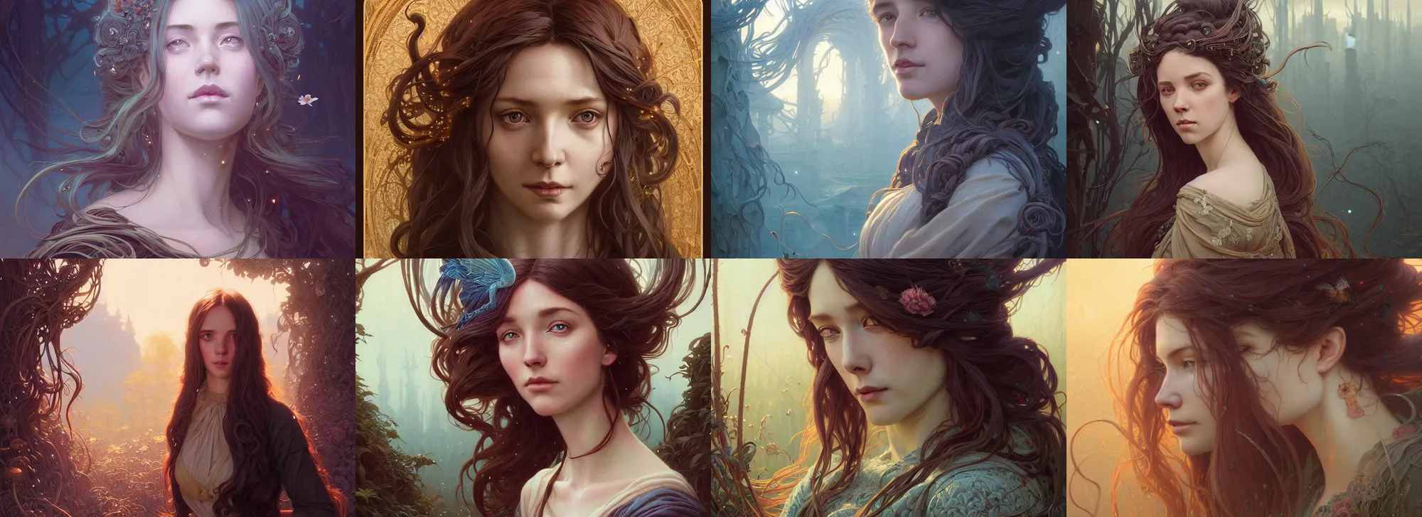 Image similar to highly detailed portrait of a woman with long hairs, stephen bliss, unreal engine, fantasy art by greg rutkowski, art nouveau, loish, rhads, ferdinand knab, makoto shinkai and lois van baarle, ilya kuvshinov, rossdraws, tom bagshaw, alphonse mucha, global illumination, radiant light, detailed and intricate environment