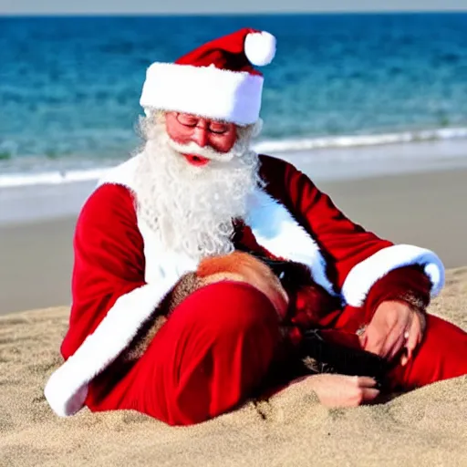 Prompt: santaclous enjoy on the beach