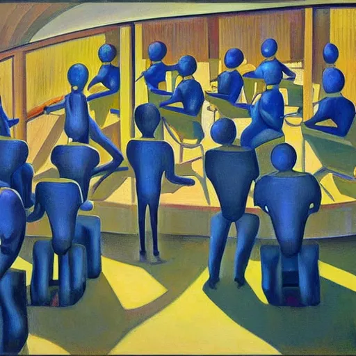 Image similar to robotic choir in an amphitheater, pj crook, grant wood, edward hopper, syd mead, chiaroscuro, oil on canvas