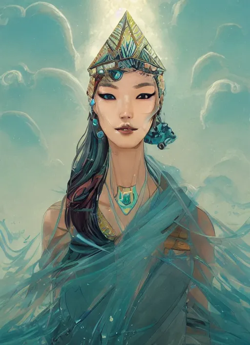 Image similar to lee jin - eun in luxurious dress emerging from turquoise water in egyptian pyramid city during an eclipse by peter mohrbacher, conrad roset, m. k. kaluta, martine johanna, rule of thirds, elegant look, beautiful, chic, face anatomy, cute complexion