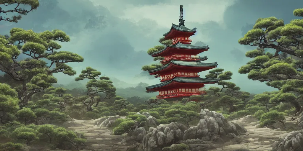 Prompt: digital painting of old japanese landscape with pagoda, curved trees and rocks, detailed, high quality, trending on artstation