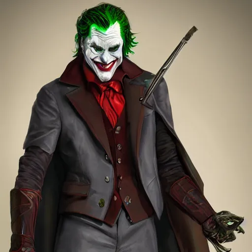 Image similar to Joker wearing armor, artstation, highly detailed, highly realistic