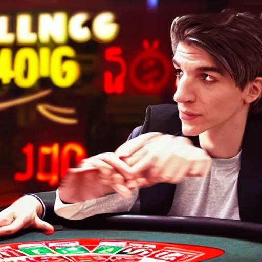 Image similar to film still of xqc gambling in Vegas, 4k, photorealism, artstation style