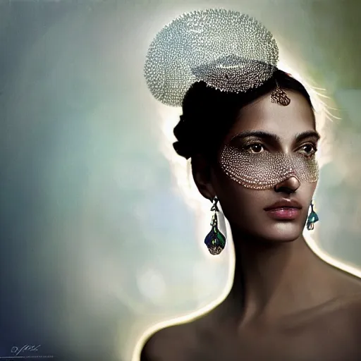 Prompt: full shot of a regal brown - skinned south asian woman wearing an intricate and detailed armor made of dew drops. dew drops around eyes. refracted light. morning dew. delicate. translucent. haunting eyes. vulnerable. fragile. ethereal. refracted light. by ray caesar. by louise dahl - wolfe. surreal photography.