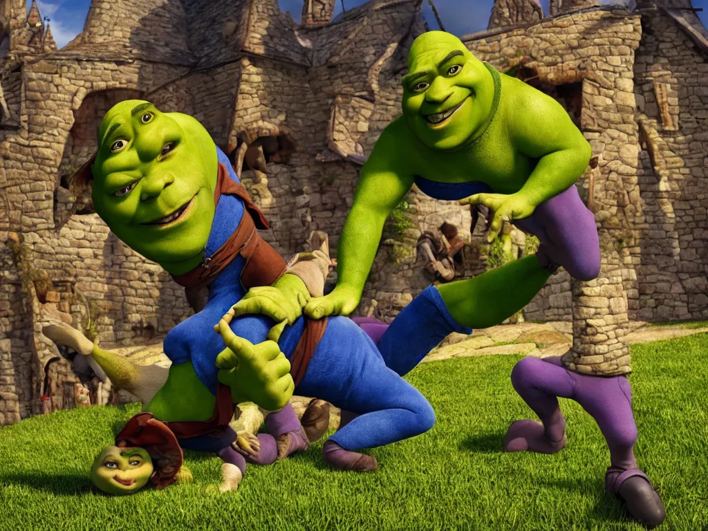 Image similar to shrek breakdancing while lord farquaad is in the back being impressed, High Definition detail, 8K, photography