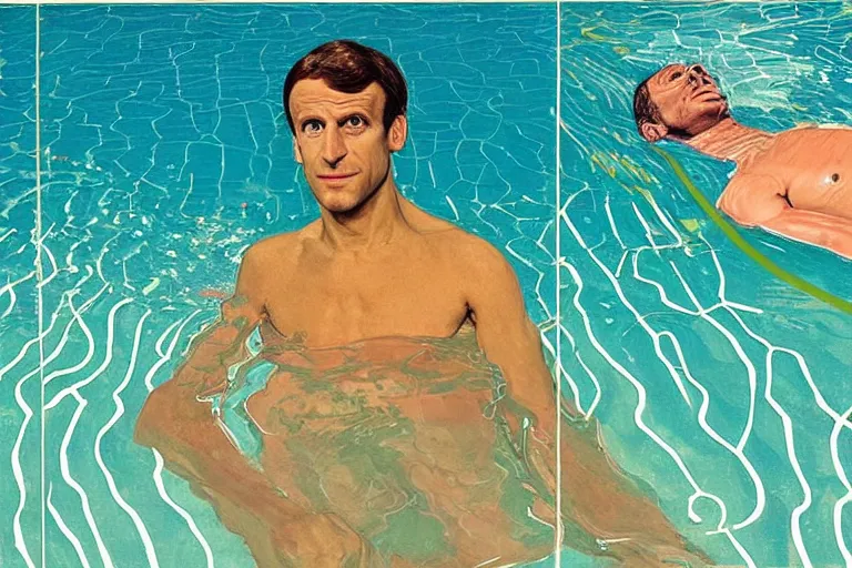 Prompt: emmanuel macron underwater swimming in a pool in california house, wearing small speedo, water is shimmering, by david hockney, peter doig, lucien freud, francis bacon, bouguereau, norman rockwell, pop surrealism