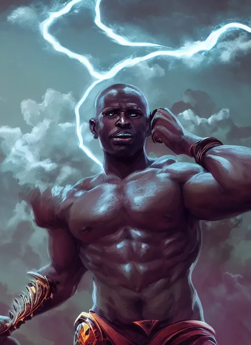 Image similar to a highly detailed illustration of short fade hair african god of lightning, evil summoning lightning from hands pose, moonlit clouds background, muscular, intricate, elegant, highly detailed, centered, digital painting, artstation, concept art, smooth, sharp focus, league of legends concept art, WLOP