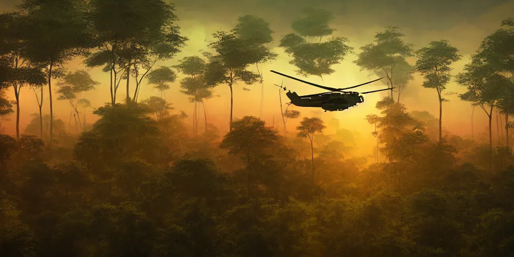 Image similar to Painting of vietnam Huey Helicopters, above a forest, orange sun set, abstract, realism, high details, glow, far, distance, over the horizon, drawn, 8k, octane render, extreme details, uniform, in sync, 3D model