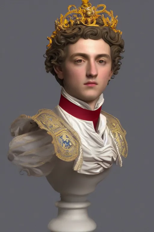 Image similar to a realistic porcelain full-head rococo style bust of handsome young Spanish prince with colored pipecleaners for a crown and suspended in outer space, photorealism, octane render, depth of field, 8k, 35mm, artgem, Trending on artstation