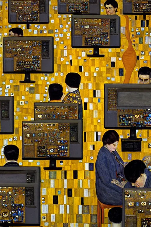 Image similar to oil painting highly detailed computer workers in office painted by gustav klimt