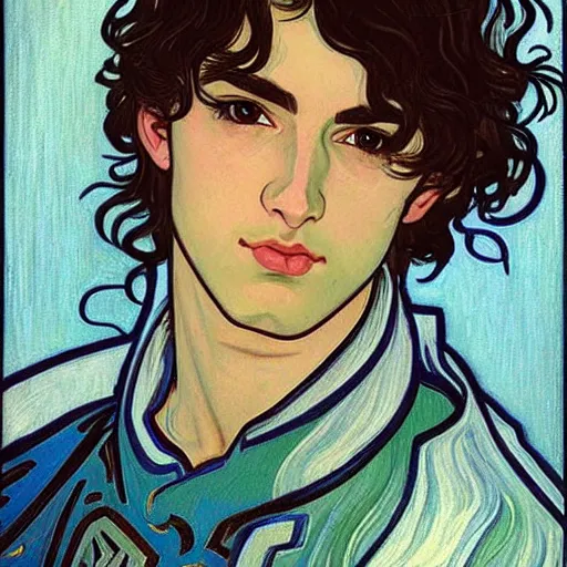 Prompt: painting of young handsome beautiful paladin elf!! man with long wavy dark hair in his 2 0 s named shadow taehyung at the blueberry party, wearing armor!, elegant, clear, painting, stylized, delicate, soft facial features, art, art by alphonse mucha, vincent van gogh, egon schiele,