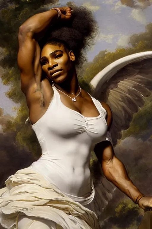 Prompt: Portrait of Serena Williams as Nike Goddess, large wings, luxuriant, dreamy, eternity, romantic, strong pose, highly detailed, in the style of Franz Xaver Winterhalter, highly detailed, in the style of Aetherpunk