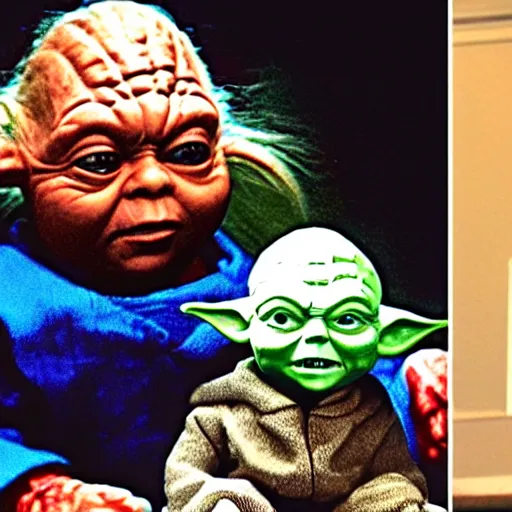 Image similar to Yoda sitting on the couch next to Chucky the killer doll playing video games in a messy room