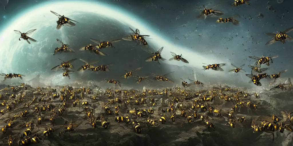 Prompt: Planetary annihilation by form of WASPS, realistic 4k octane beautifully detailed render, 4k post-processing, highly detailed, intricate complexity, epic composition, magical atmosphere, cinematic lighting, masterpiece, ultra hd