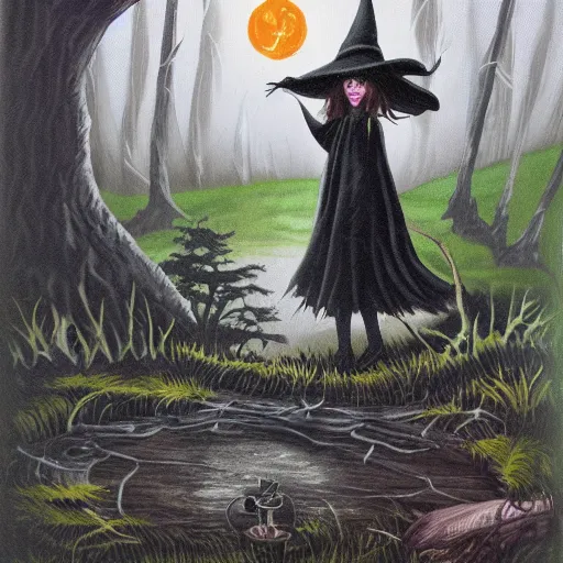 Image similar to Witch in swamp hexing near cauldron at night