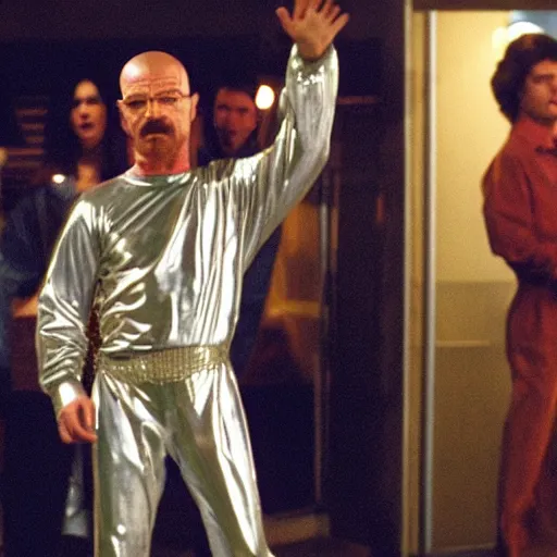 Image similar to A still of Walter White wearing a disco suit in Saturday Night Fever