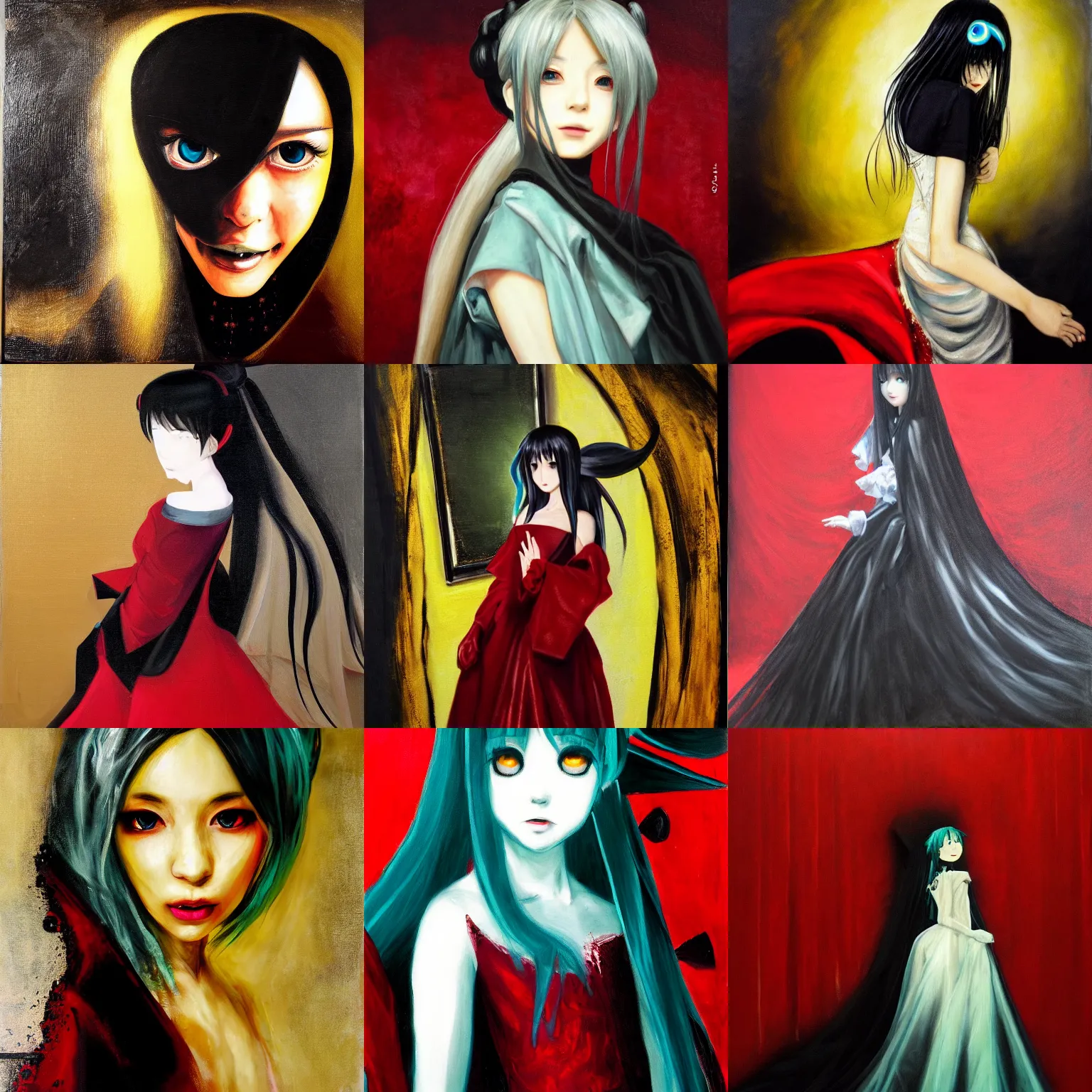 Prompt: A very soft and dark haunting oil painting portait of Hatsune Miku in a black golden wedding dress, scarlet background, by Antonio Saura and Fernando Zobel, ethereal, evil presence, haunted painting, Tachisme, realism, realistic lighting