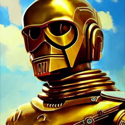 Image similar to greg manchess portrait painting of c 3 po as overwatch character, medium shot, asymmetrical, profile picture, organic painting, sunny day, matte painting, bold shapes, hard edges, street art, trending on artstation, by huang guangjian and gil elvgren and sachin teng