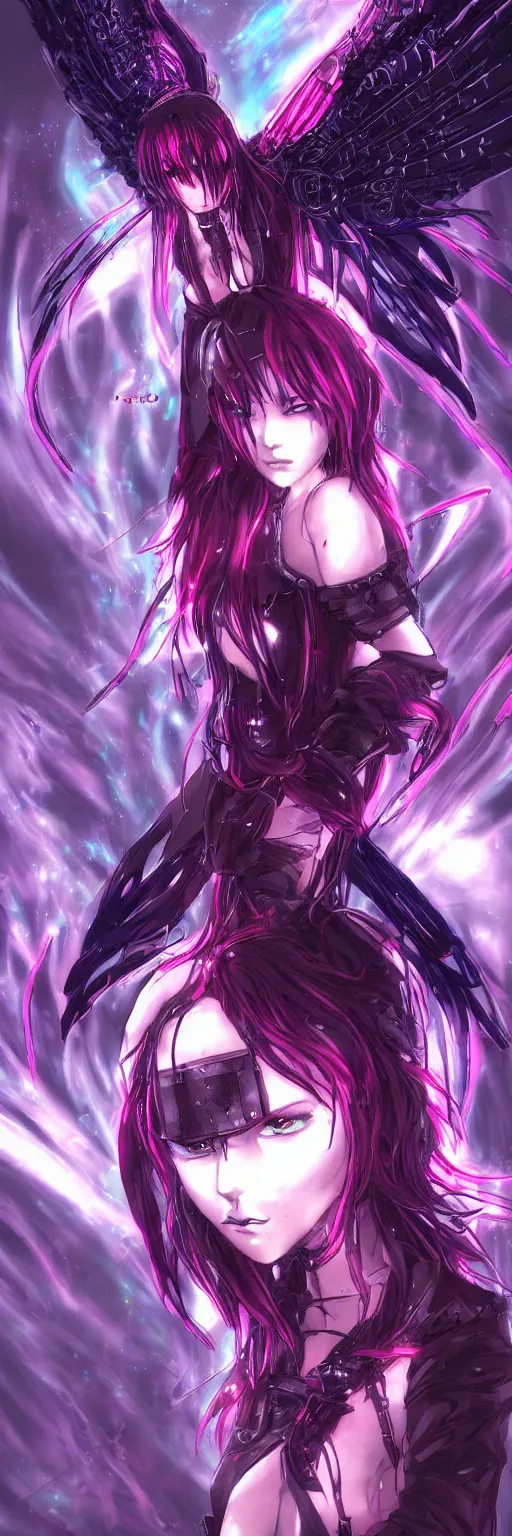 Image similar to anime cyberpunk dark fantasy gothic art, cute and beautiful full body female damaged cyborg - angel in the style of stand alone complex, akira, durararara, red blue purple black fade, intense watery glowing red and blue eyes, cinematic lighting, highly intricate detailed, wavy hair, advanced digital anime art, wlop and rossdraws and sakimimichan