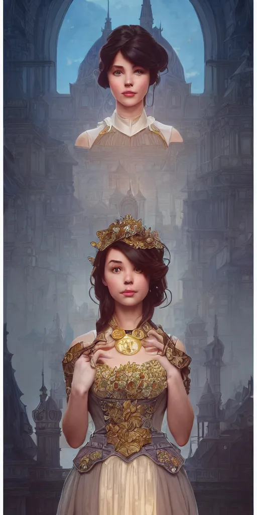 Prompt: mayors daughter, smart, clever, cheeky, elegant fantasy dress, town hall, intricate, highly detailed, digital painting, artstation, concept art, smooth, sharp focus, illustration, Unreal Engine 5, 8K, art by artgerm and greg rutkowski and alphonse mucha, by Jesper Ejsing