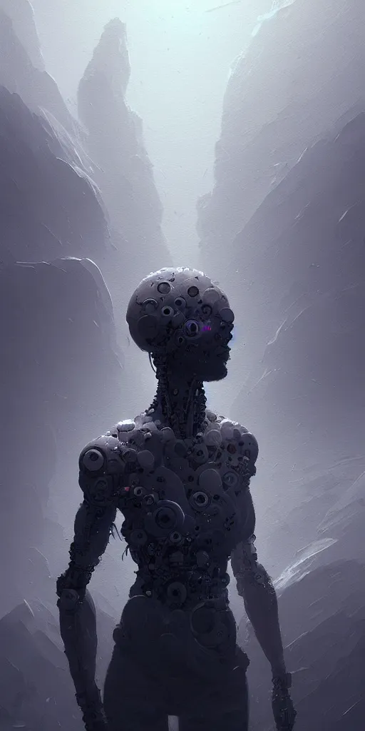 Image similar to concept art of a cybernetic life form, based on silica crystal on a rock background, surrounded by spirals of fog, grimy, gritty, trending on artstation, award winning painting, close portrait, cgi, art by alex andreev and andreas achenbach