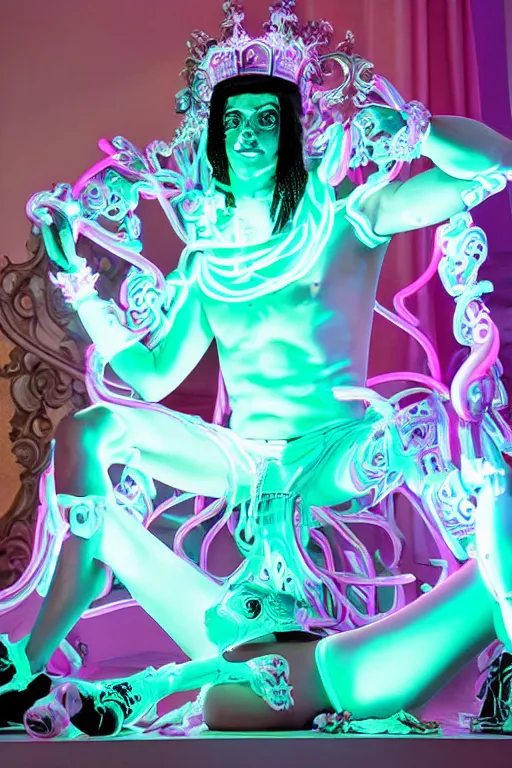 Image similar to full-body rococo and cyberpunk style neon statue of a young attractive Alex Rodriguez macho dotado e rico android sim roupa reclining con las piernas abertas e la piroca dura, glowing white lasers, glowing eyes, silver prince crown, black gears, pink diamonds, swirling mint-colored silk fabric. futuristic elements. ethereal white dripping tar. full-length view. human skulls. large pink balloon animals. intricate artwork by caravaggio. Trending on artstation, octane render, cinematic lighting from the right, hyper realism, octane render, 8k, depth of field, 3D