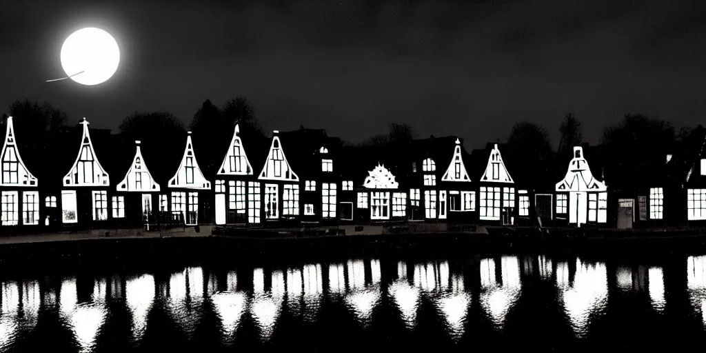 Image similar to Dutch houses along a river, silhouette!!!, Circular white full moon, black sky with stars, lit windows, stars in the sky, b&w!, Reflections on the river, a man is punting, flat!!, Front profile!!!!, (high contrast), HDR, soft!!, street lanterns, 1904, illustration, shadowy figures