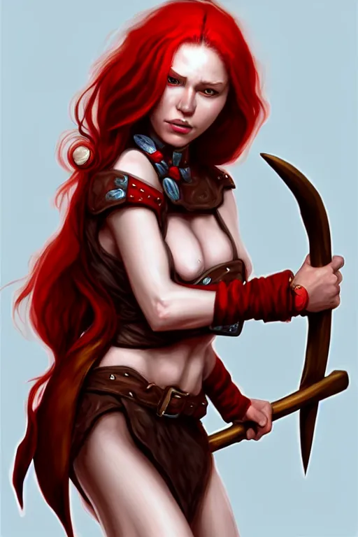 Image similar to a woman with red hair holding two large axes, concept art by senior character artist, true anatomy, extremely beautiful face, extremely detailed face, artstation contest winner, fantasy art, concept art, artstation hd, 2 d game art