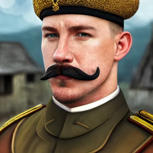 Prompt: fullbody portrait of channing tatum with handlebar moustache, wearing russian ww 1 clothes, with black high cap on head, white thatch houses at background, style ivan talavera and artgerm, radiant lighting, hyper realistic, photorealistic, octane render, trending on artstation, cgsociety, cinematic light, global illumination