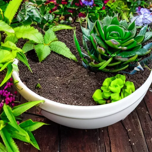 Prompt: plants, flowers, trees being mixed in a bowl