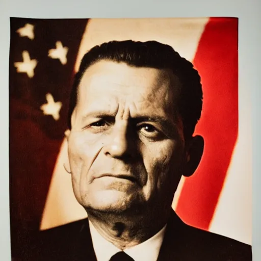 Prompt: 50s movie still close-up facing portrait of Josip Broz Tito standing in a ceremony, by Irving Penn , Cinestill 800t 35mm , heavy grainy picture, very detailed, high quality, 4k, HD criterion, precise texture, with a large sovietic flag