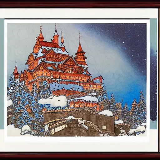 Image similar to detailed ivan bilibin and edmund dulac and ilya kuvshinov and katsuhiro otomo inspired print of a castle in winter