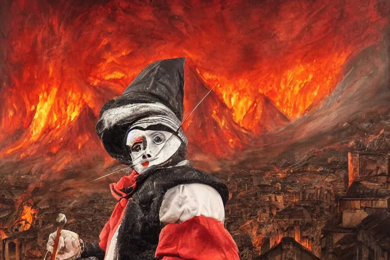 Image similar to a highly detailed pulcinella!! from naples, pizza!, volcano, black sky, smoke, fire lava, post - apocalyptic vibe, full body, wide angle, an ultrafine detailed painting by rivorio mok, trending on deviantart, whimsical, lowbrow, perfect symmetrical face, sharp focus, octane, masterpiece