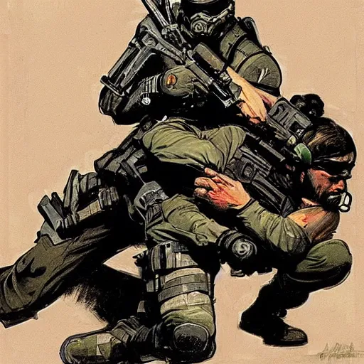 Image similar to blackops operator choking out a guard. rb6s, MGS, and splinter cell Concept art by James Gurney, Alphonso Mucha. Vivid color scheme.