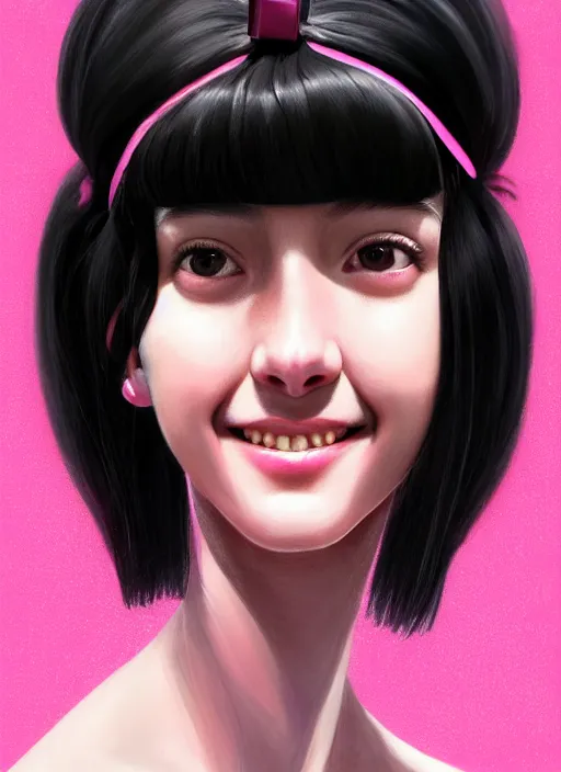 Image similar to portrait of high school girl, realistic, black hair, bangs, half updo hairstyle, pointy nose, skinny, smile, ugly, defined jawline, big chin, pink hair bow, earrings, intricate, elegant, glowing lights, highly detailed, digital painting, artstation, sharp focus, illustration, art by wlop, mars ravelo and greg rutkowski