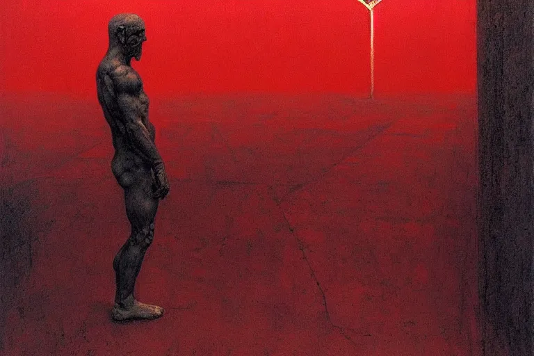 Image similar to only with red, caesar after war, a red tiger, in hoc signo vinces, rome in background, an ancient path, in the style of beksinski, part by hopper, part by rodcenko, part by hofbauer, intricate composition, red by caravaggio, insanely quality, highly detailed, masterpiece, red light, artstation