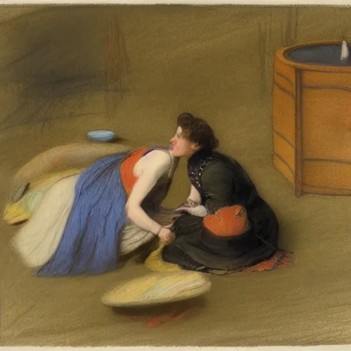 Image similar to colored pencil, detailed, cirque du soleil washed - out by edwin henry landseer. a beautiful drawing harmony of colors, simple but powerful composition. a scene of peaceful domesticity, with a mother & child in the center, surrounded by a few simple objects. colors are muted & calming, serenity & calm.