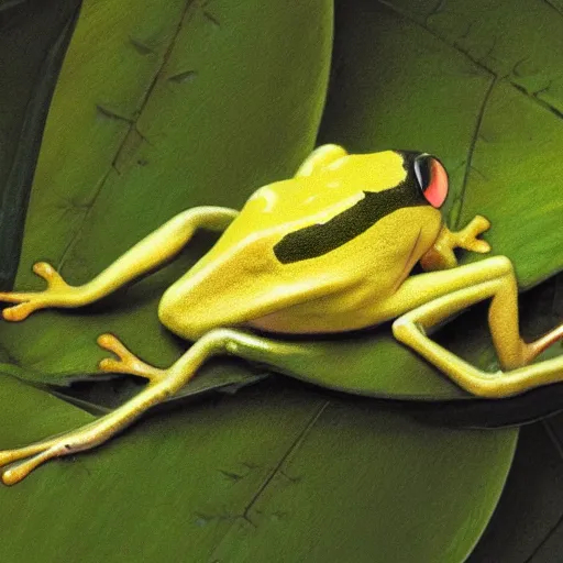 Prompt: small yellow dart frog, chilling on a leaf, in jungle, by giger, concept art for movie, biomechanical, rule of thirds, extreme detail, 4 k, detailed drawing, trending artstation, realistic lighting, sharp focus, backlit