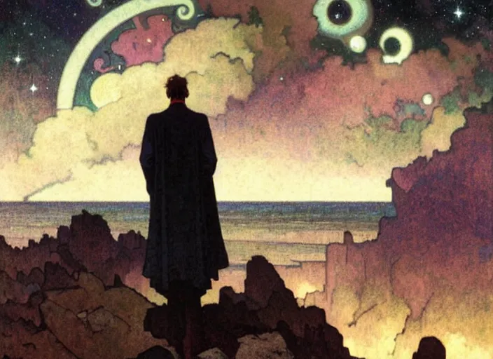 Prompt: dark silhuette of a man standing on a gray dull cliff looking out into a colorful cosmos, clouds, stars, rings, beautiful lighting, vivid colors, intricate, elegant, art by john collier and albert aublet and krenz cushart and artem demura and alphonse mucha