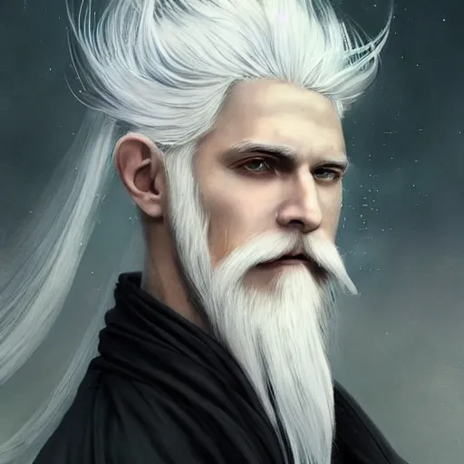 Prompt: white haired robe fu xi full male body portrait, very long white beard and hair, fine delicate prefect face features gaze, aerith gainsborough, elegant, smooth, sharp focus, masterpiece, style of tom bagshaw, cedric peyravernay, peter mohrbacher, victo ngai, pinterest, 4 k hd illustrative wallpaper, animation style, chinese style